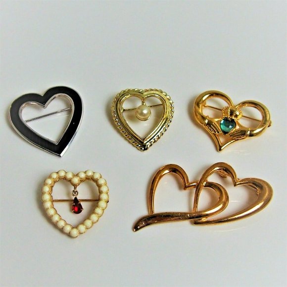 Vintage Jewelry - Adorable Bundle VTG to Now 5 Heart Brooches!
